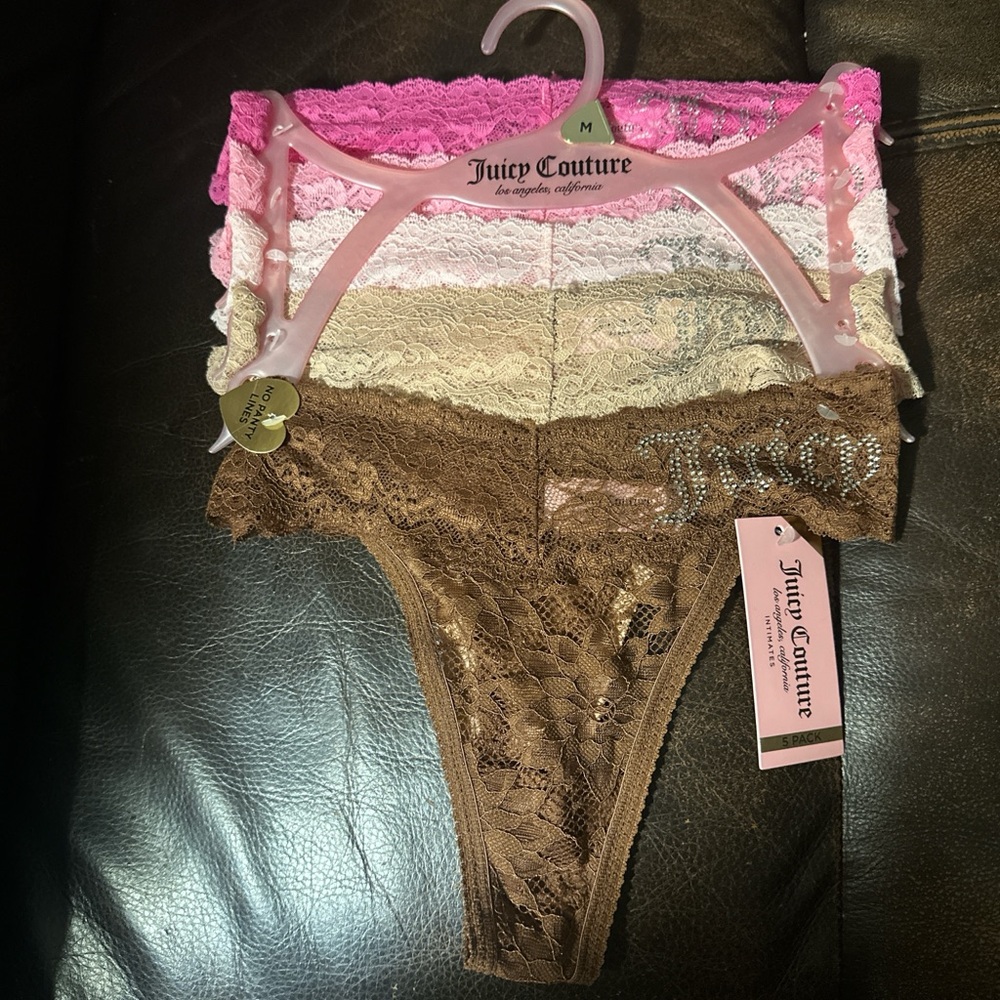 Juicy Couture Girls' Lace Thong Bottoms - Brown, Pink, Cream (3-Pack)